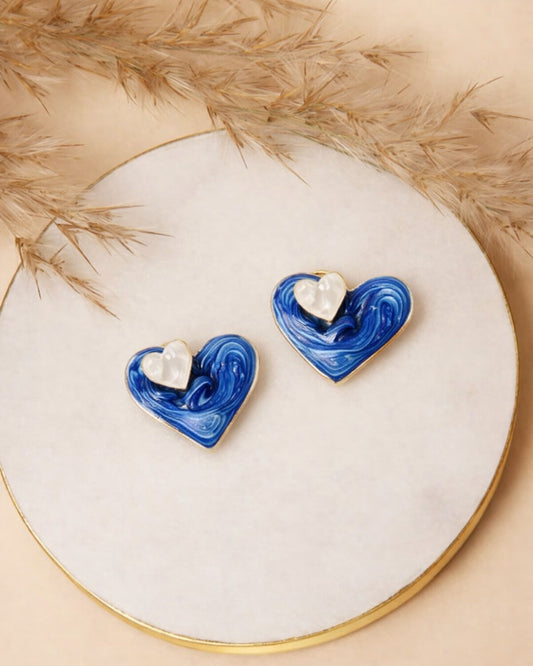 Enamel Blue Heart Stud Earrings