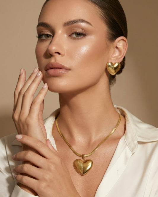 Two Shade Heart Earrings Necklace Set