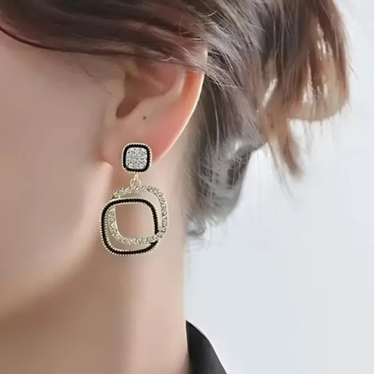Gold & Black Geometric Crystal Drop Earrings