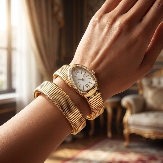 White dial snake watch bracelet on wrist