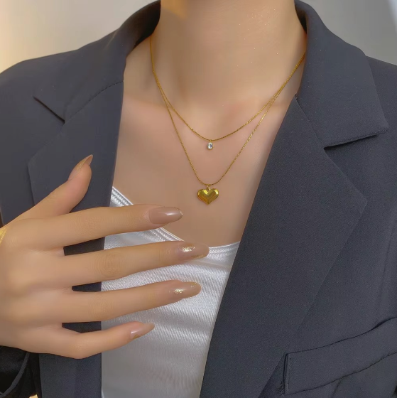 Crystal Heart Double Layered Necklace - Side View