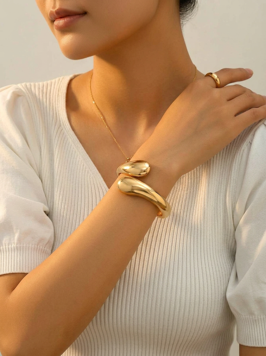 Gold Teardrop Bangle - On Model