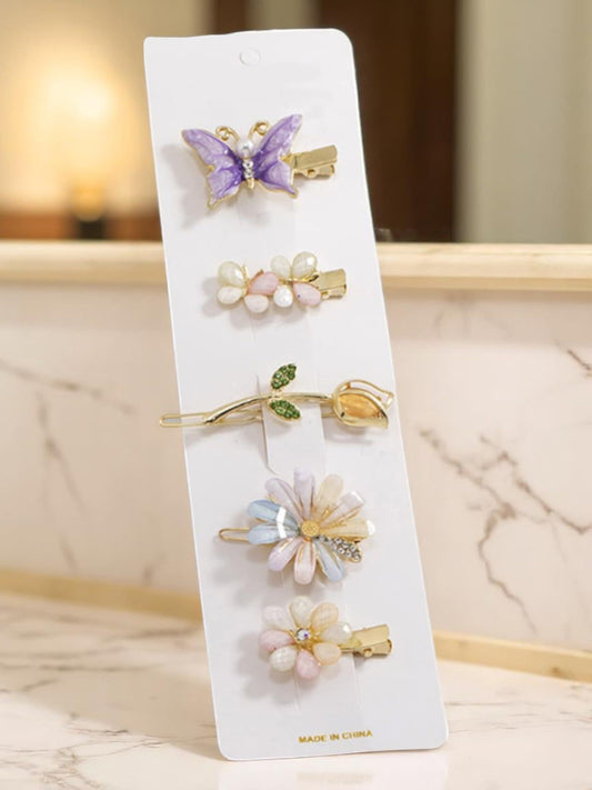 Set of 5 Multicolor Floral & Butterfly Hair Clips