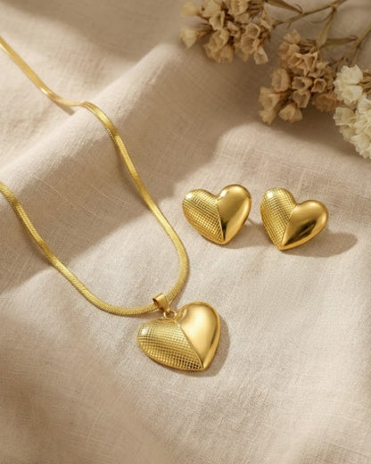 Two Shade Heart Earrings Necklace Set