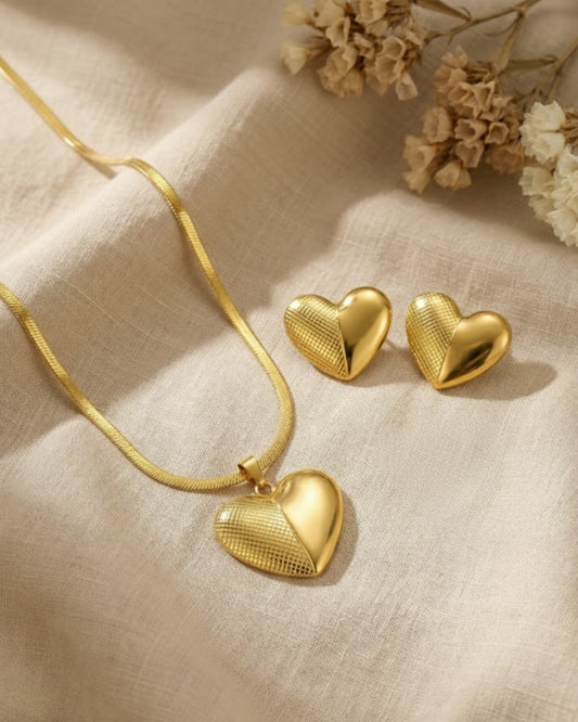 Two Shade Heart Earrings Necklace Set