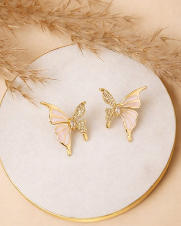 White enamel and stone butterfly stud earings