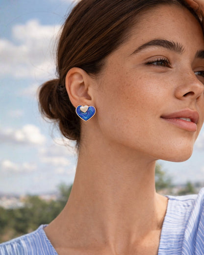 Enamel Blue Heart Stud Earrings