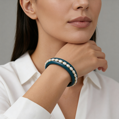 Teal Pearl Bangle - Close Up on Wrist