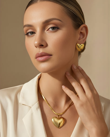 Two Shade Heart Earrings Necklace Set