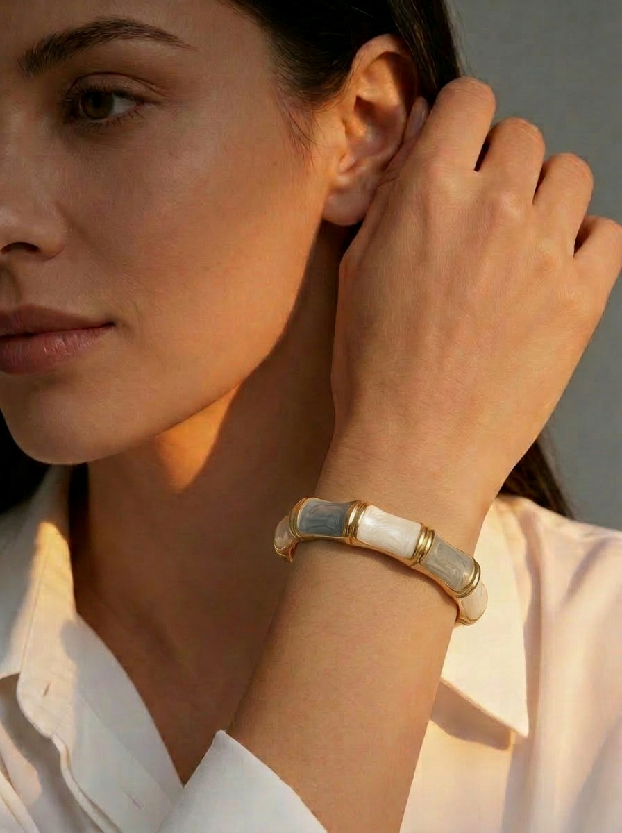 Gold White and Grey Bamboo Bangle - Lifestyle