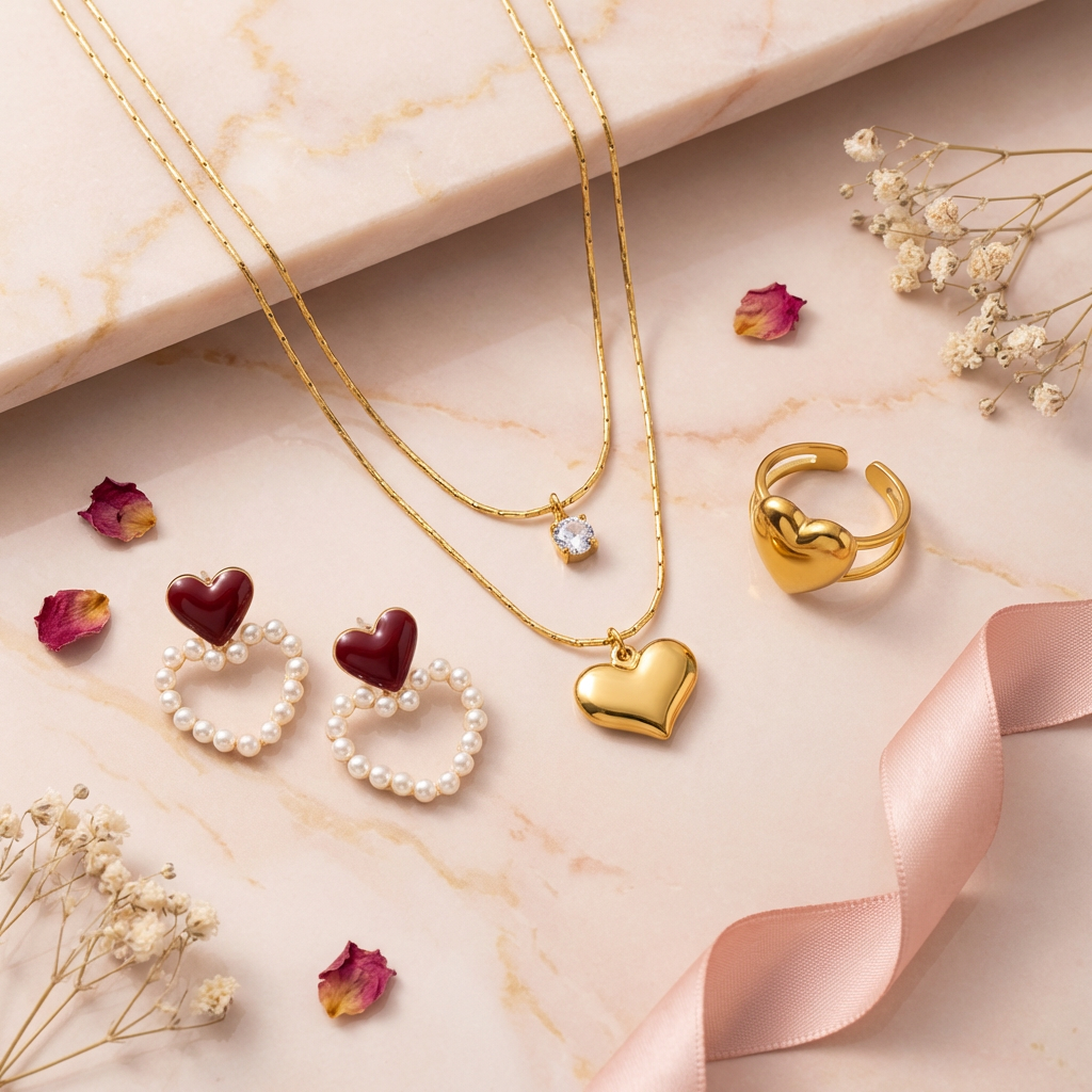 Sweetheart Edit Combo - Crystal Heart Necklace, Wine Heart Earrings, Love Heart Ring