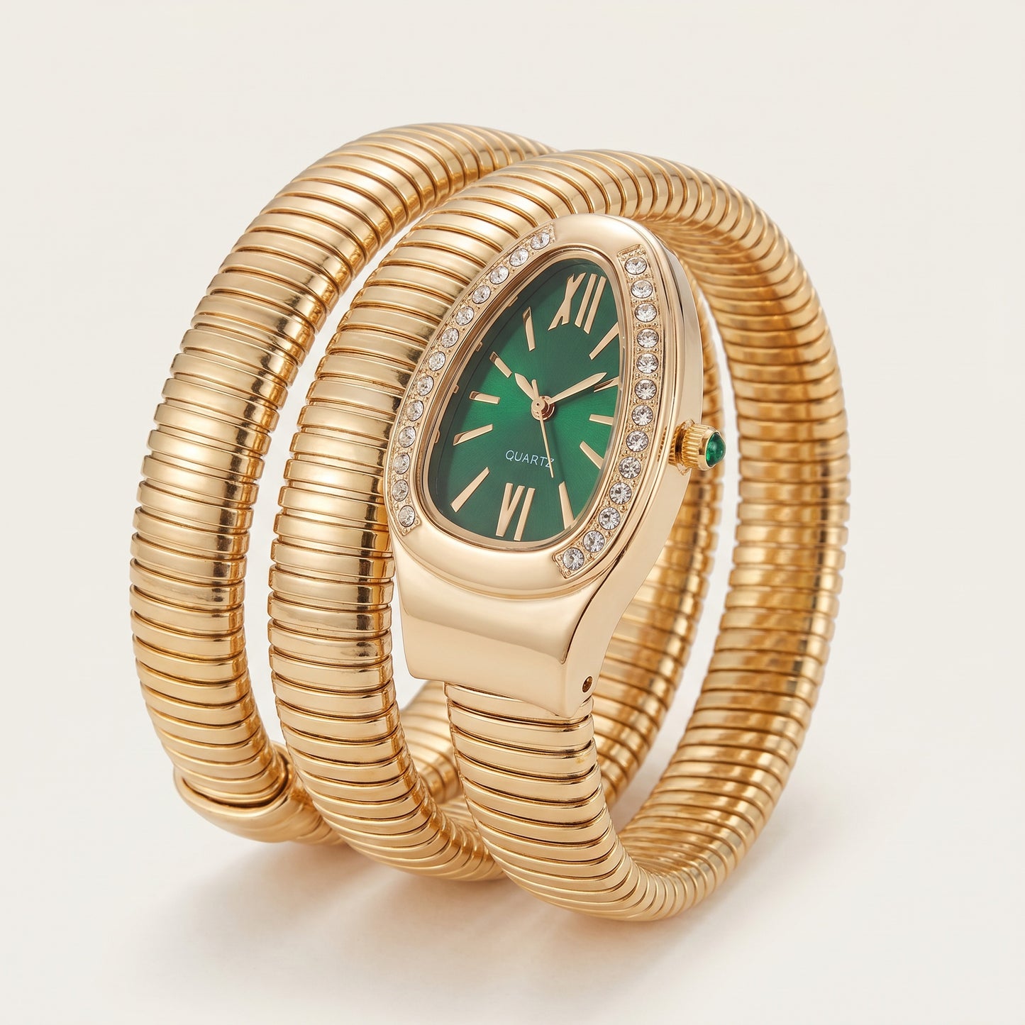 Emerald Serpent Coil Watch Bracelet - gold coil with green dial