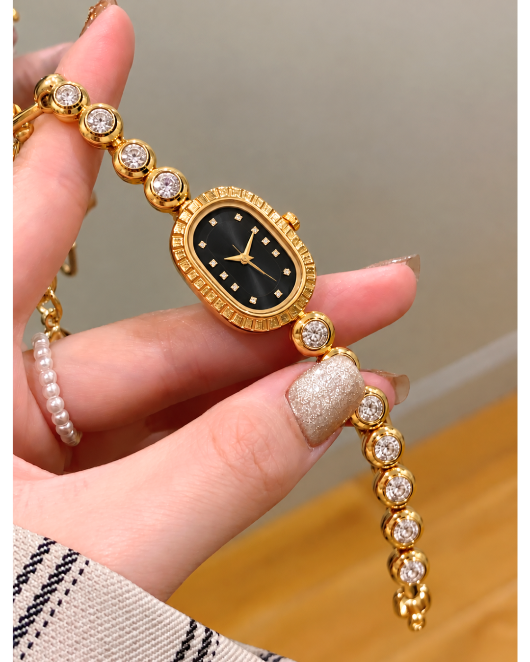 Black Dial Gold Jeweled Watch