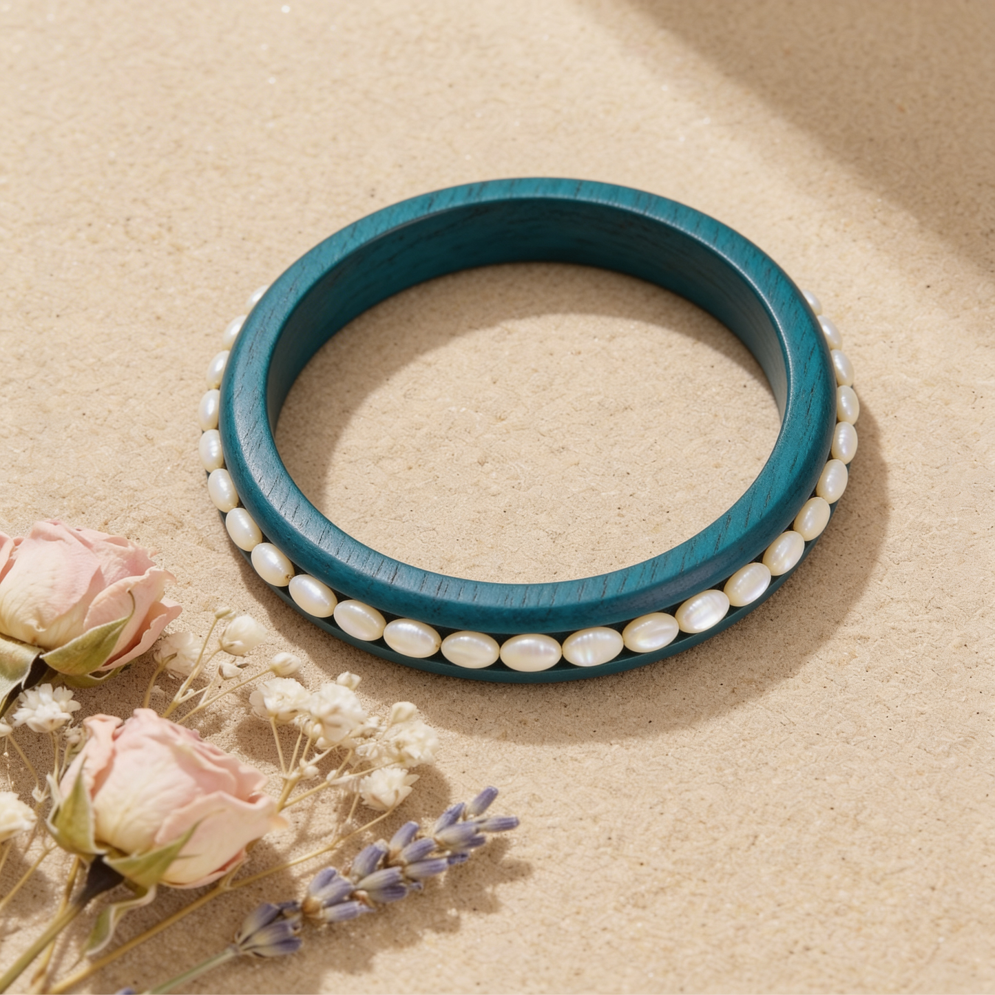 Teal Pearl Bangle - Flat Lay with Flowers