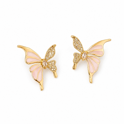 White Enamel & Stone Butterfly Stud Earrings