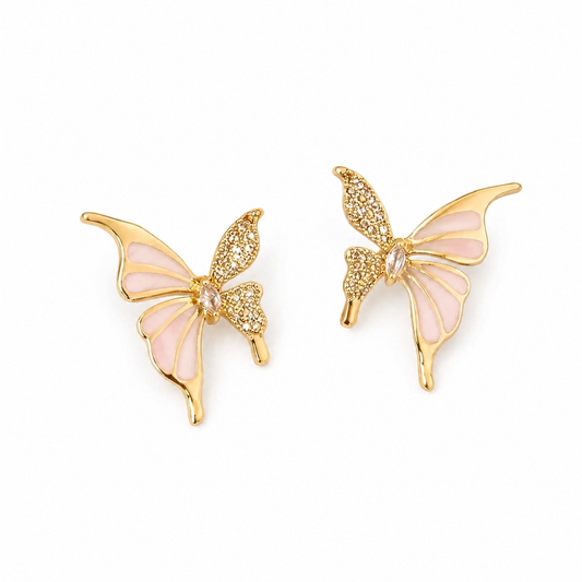 White Enamel & Stone Butterfly Stud Earrings