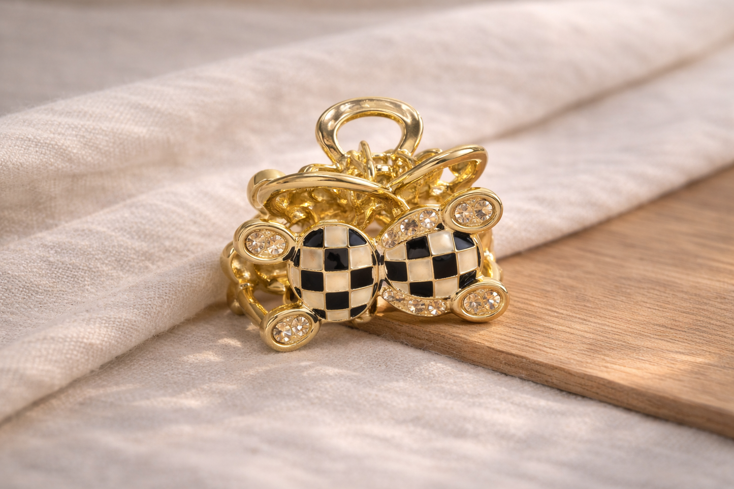 Gold Cute Checkered Teddy Bear Hair Claw