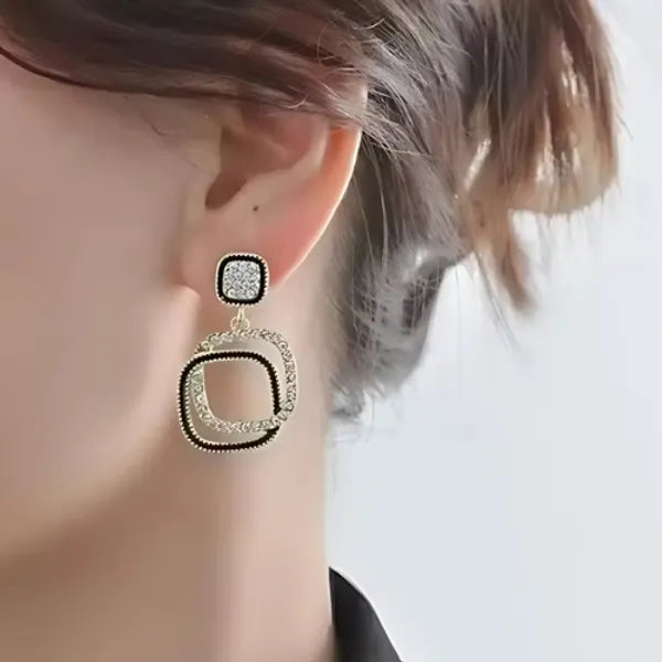Gold & Black Geometric Crystal Drop Earrings