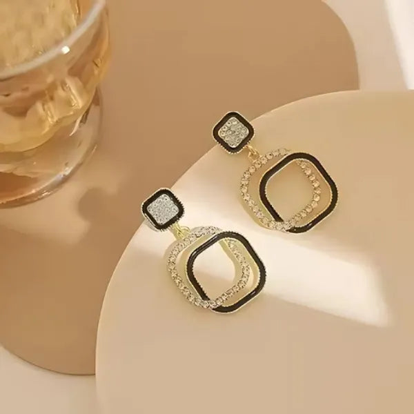 Gold & Black Geometric Crystal Drop Earrings