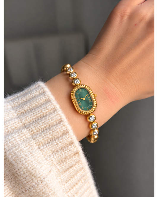 Green Dial Gold Jeweled Watch