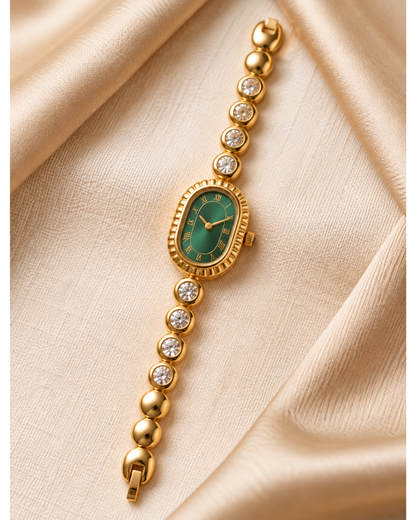 Green Dial Gold Jeweled Watch