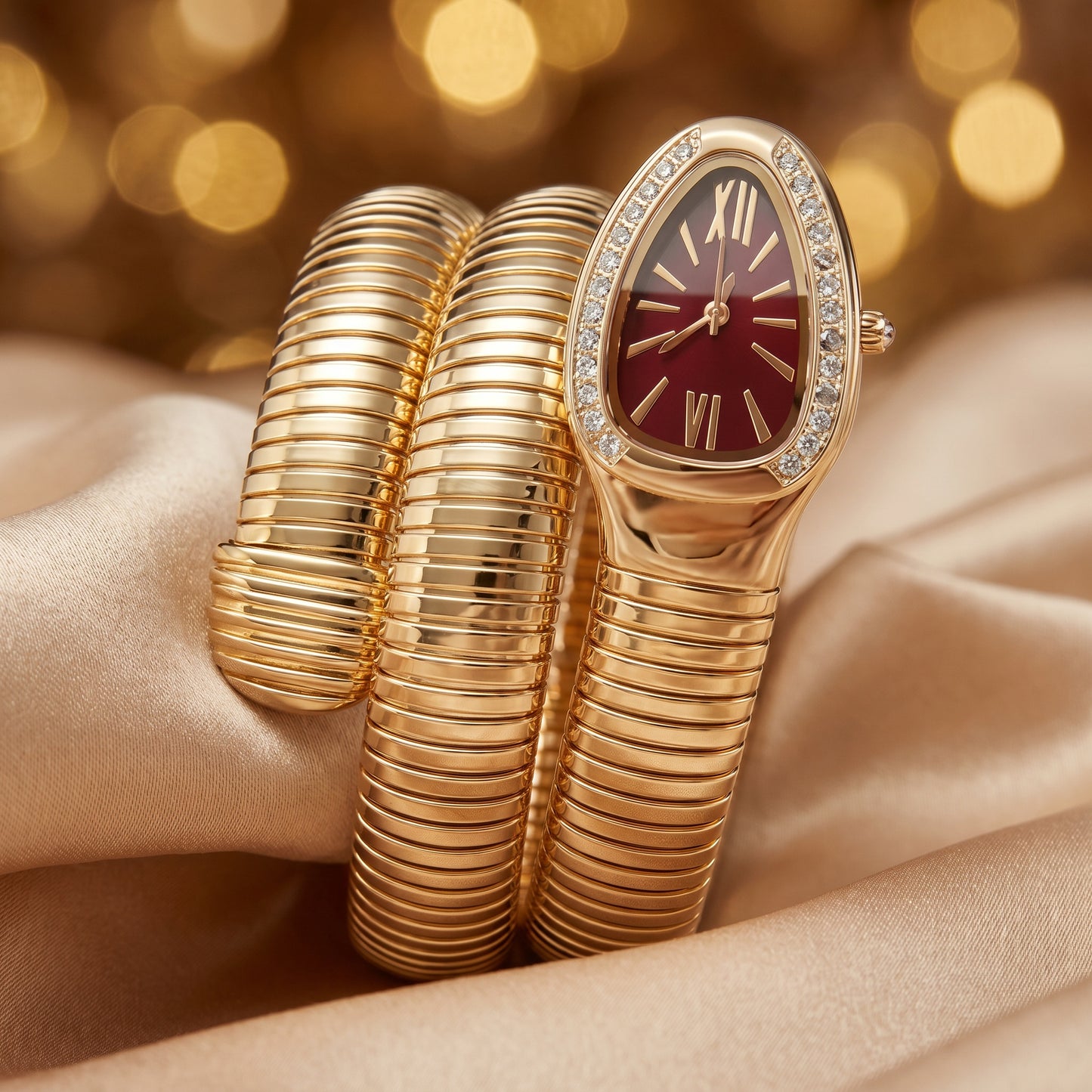 Red snake watch bracelet on champagne silk