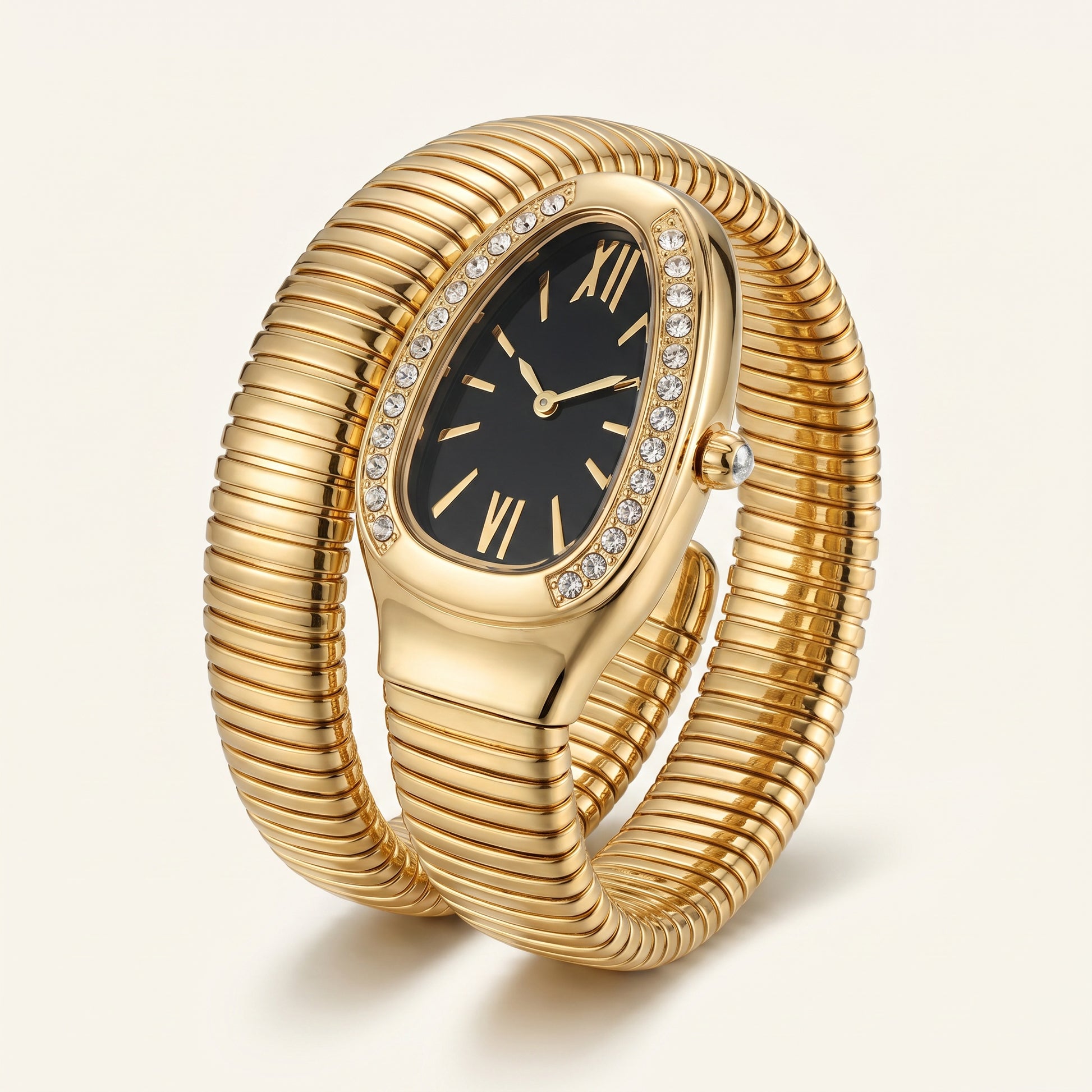 Onyx Serpent Coil Watch Bracelet - gold coil with black dial