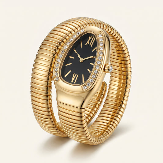 Onyx Serpent Coil Watch Bracelet - gold coil with black dial