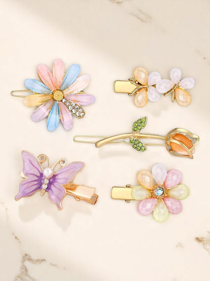 Set of 5 Multicolor Floral & Butterfly Hair Clips