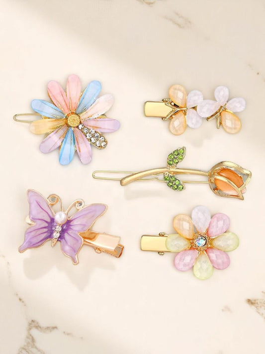 Set of 5 Multicolor Floral & Butterfly Hair Clips