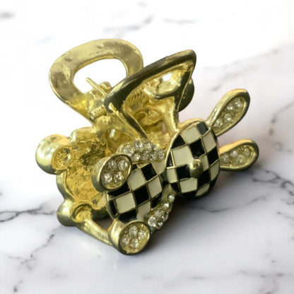 Gold Cute Checkered Teddy Bear Hair Claw
