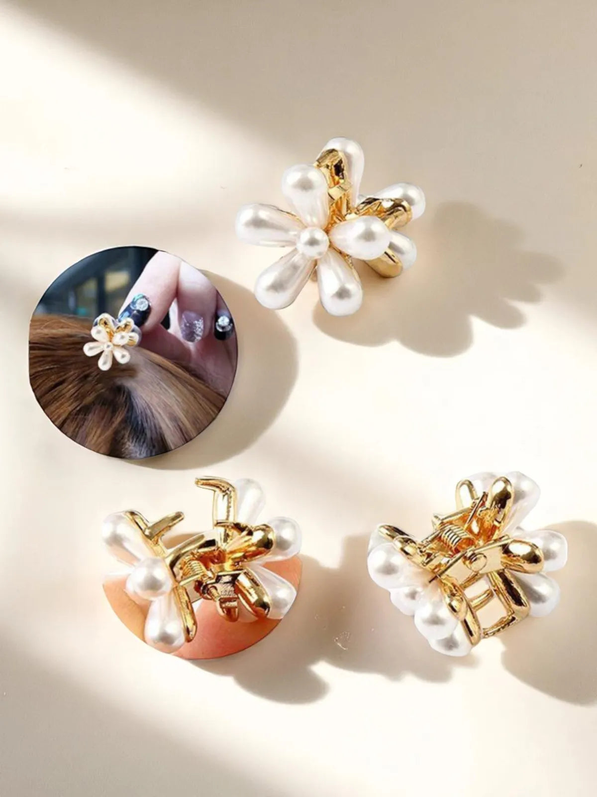 Set of 3 White Pearl Flower Hair Claws