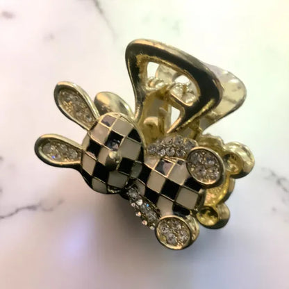 Gold Cute Checkered Teddy Bear Hair Claw