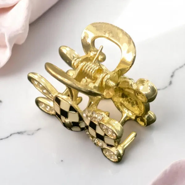 Gold Cute Checkered Teddy Bear Hair Claw