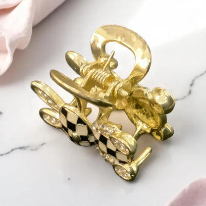 Gold Cute Checkered Teddy Bear Hair Claw