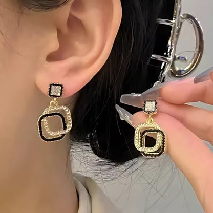 Gold & Black Geometric Crystal Drop Earrings