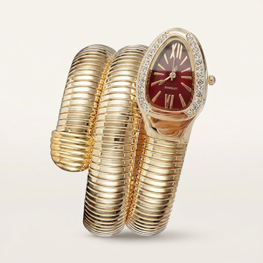 Crimson Serpent Coil Watch Bracelet - gold coil with red dial