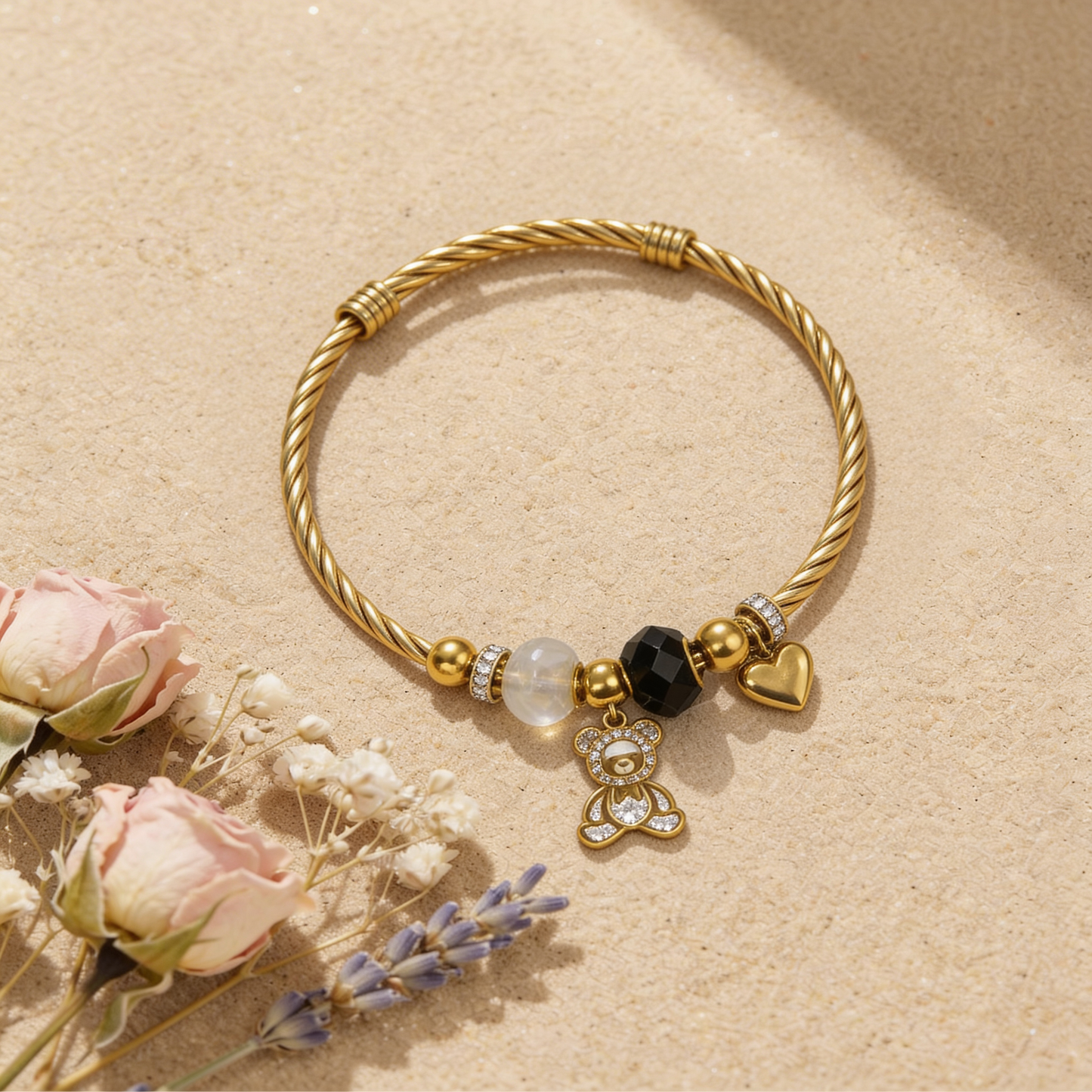 Gold Charm Bracelet - Flat Lay with Flowers