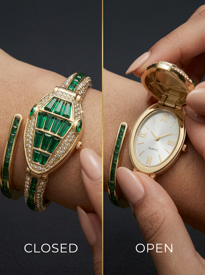 Green Snake Watch Bracelet - Open & Closed View