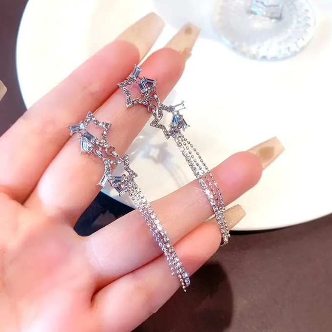Sparkling Star Shaped Tassel Earrings - Close Up