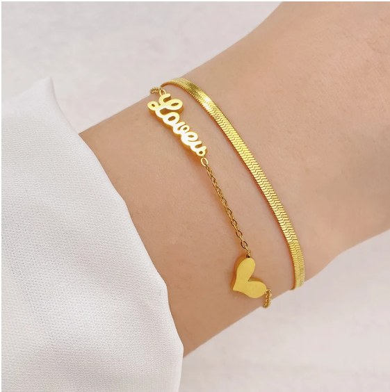 Double Layer Snake Chain Love Charm Bracelet