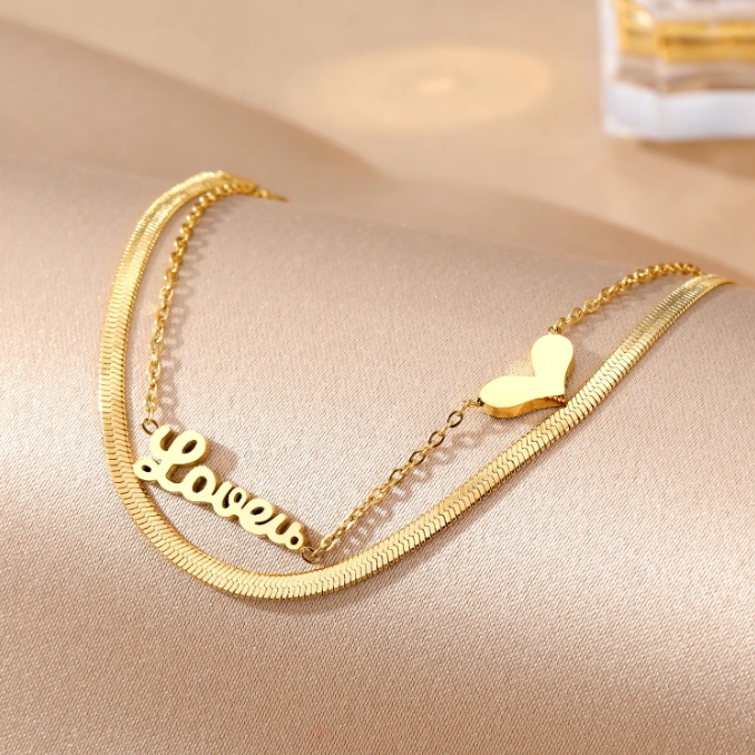 Double Layer Snake Chain Love Charm Bracelet