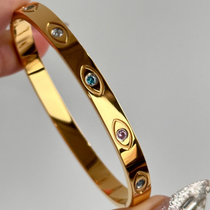 Gold Evil Eye Bangle with Multi-Color Zircon
