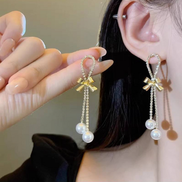 Stone-Chain Bowknot Pearl Long Earrings