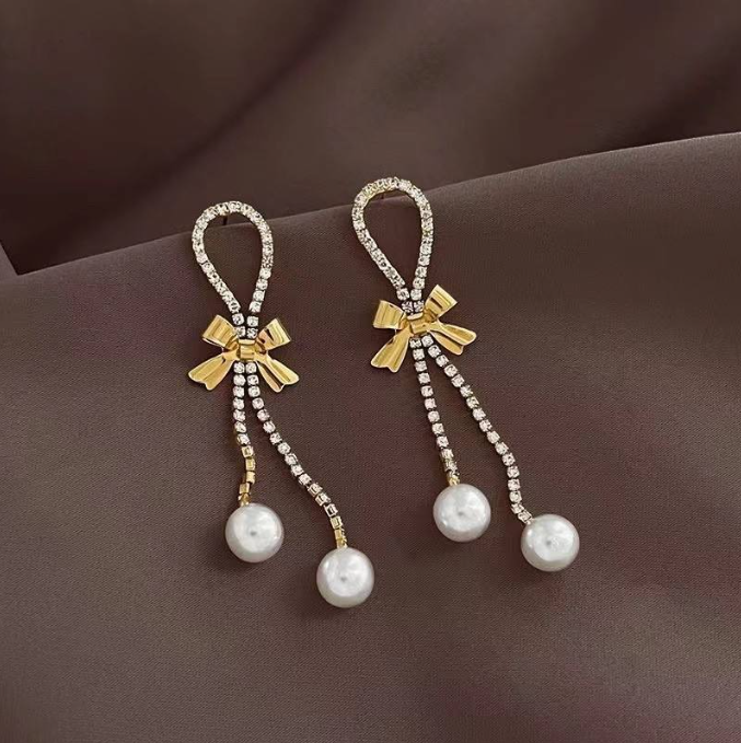 Stone-Chain Bowknot Pearl Long Earrings