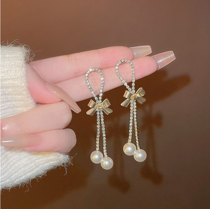 Stone Chain Bowknot Pearl Long Earrings
