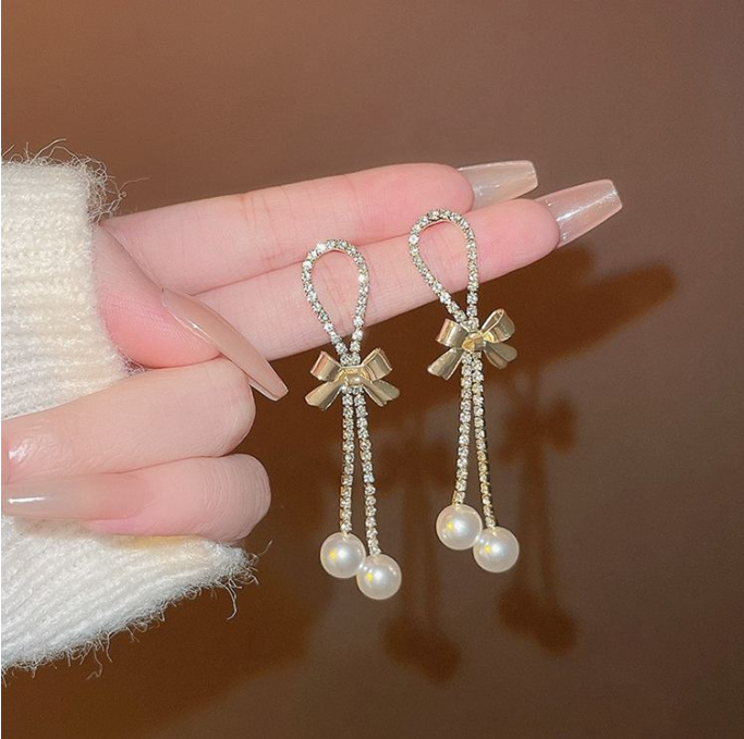 Stone-Chain Bowknot Pearl Long Earrings