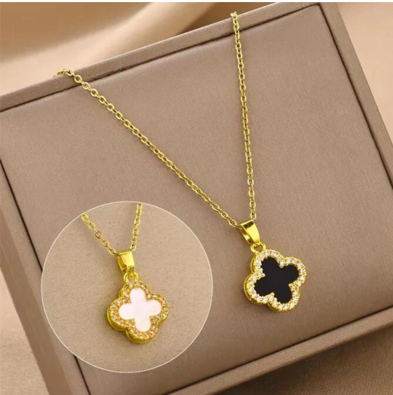 Two-Sided Black & White Clover Necklace