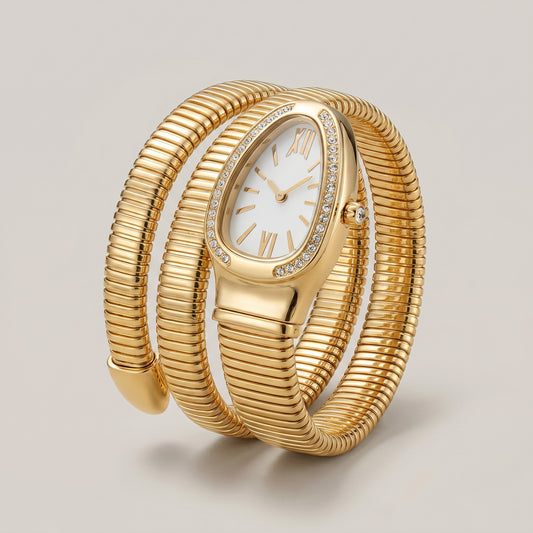 Pearl Serpent Coil Watch Bracelet - gold coil with white dial