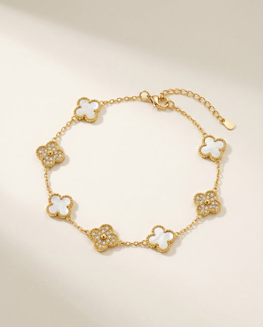 Mother-of-Pearl Clover Bracelet - gold chain with alternating mother-of-pearl and crystal clover motifs